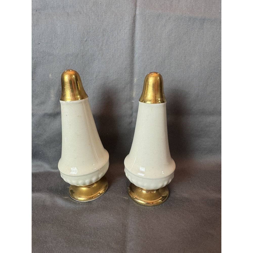 Vintage MCM Lusterware? Art Deco Salt Pepper Shakers Iridescent White Pearl Gold - Picture 3 of 6